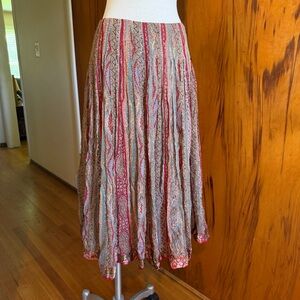 Bohemian Printed Silk Midi Skirt in Red and Tan
